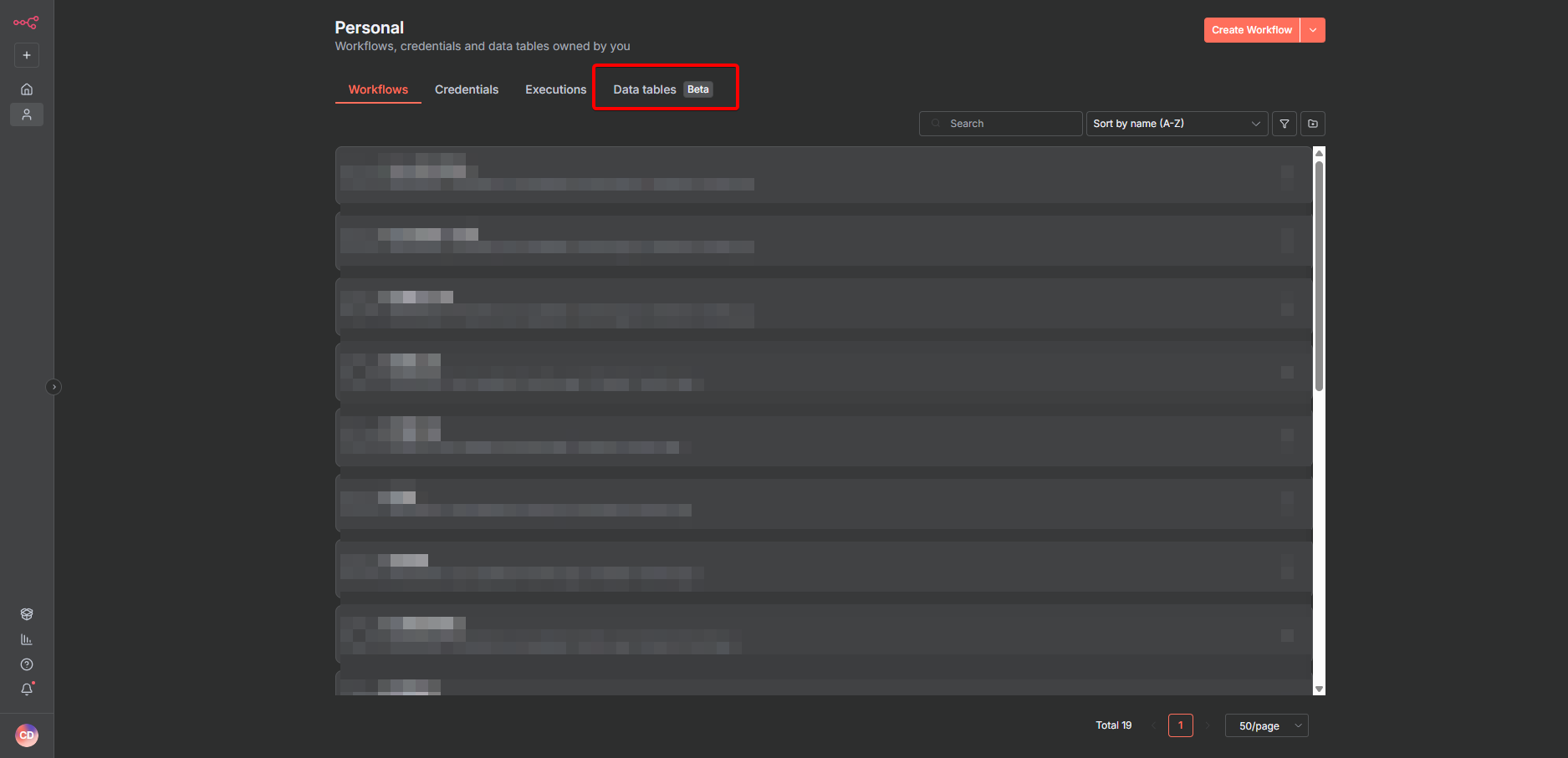 回到 n8n 主畫面，點擊頂部選單的 'Data tables'。