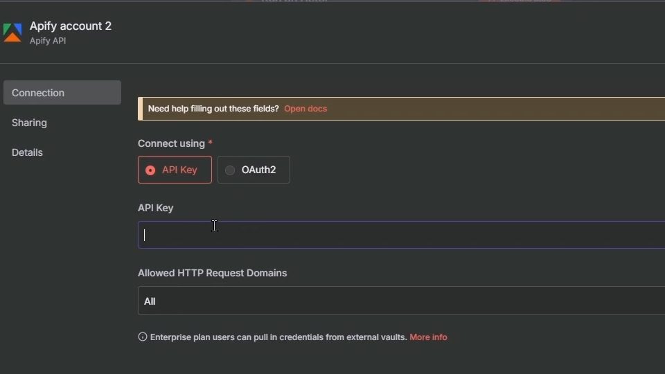 在n8n憑證處貼上複製的Apify API Key