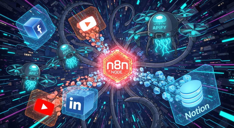 n8n 與 Apify 自動化爬蟲整合工作流程,串接 Facebook、YouTube、LinkedIn、Notion 社群與資料庫的視覺化示意圖