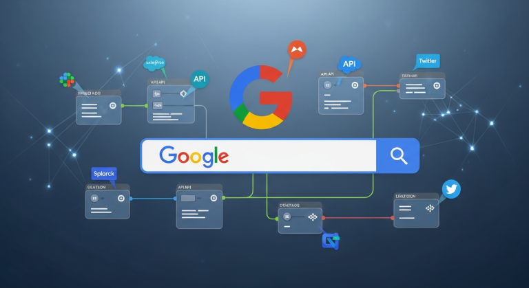 n8n自動化工作流介面結合Google搜尋欄與API節點,展示Google搜尋自動化流程圖。