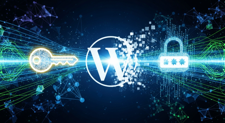 WordPress 與 API 應用程式密碼結合,象徵資料同步與資訊流動的圖片